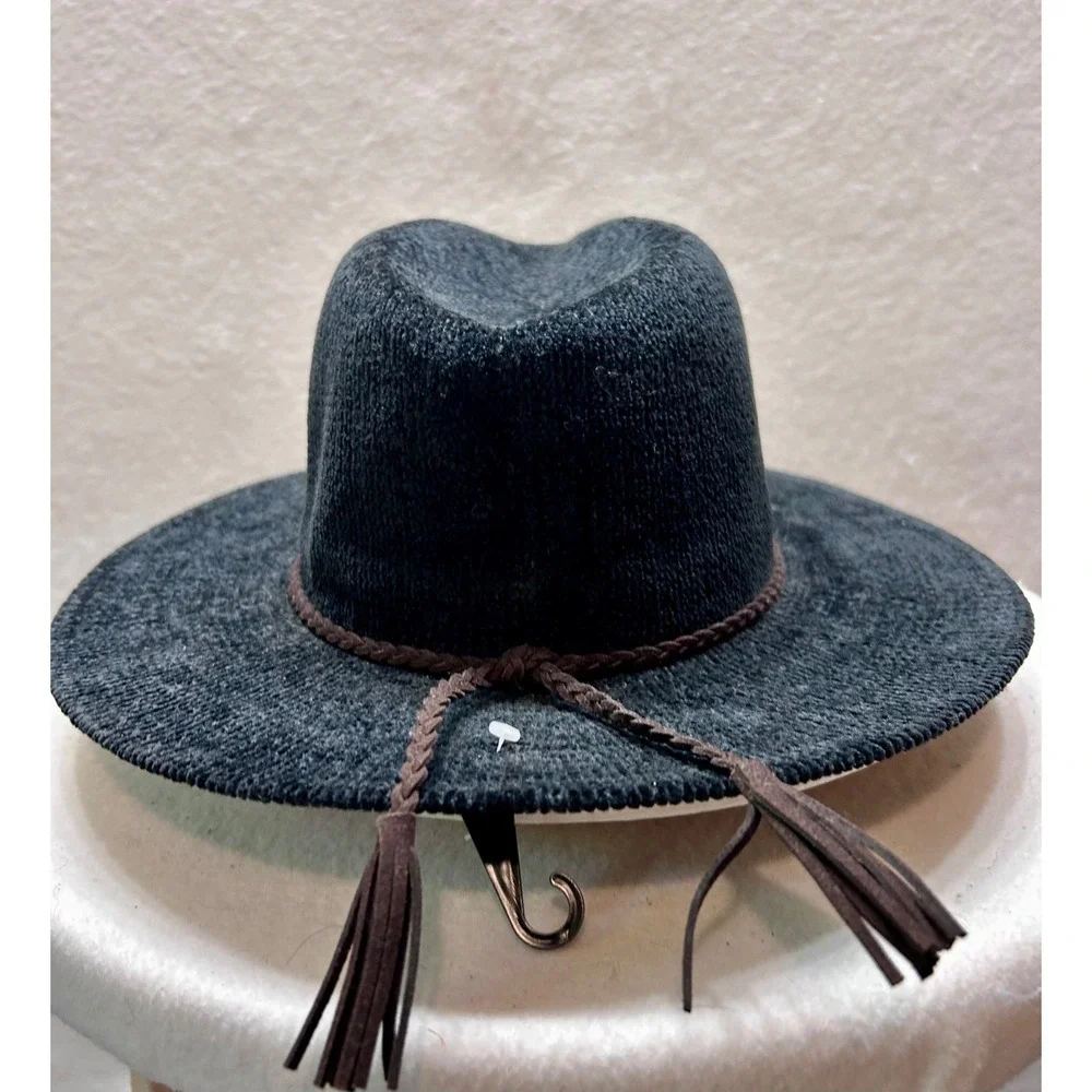 Altar'd State Womens Black Textured Cowboy Hat Braided Tassel‎ Band Wide Brim OS